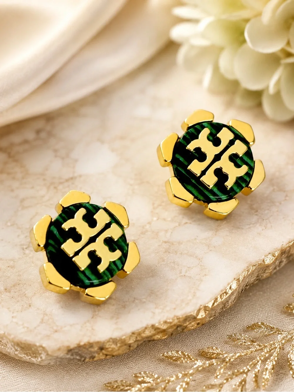 Tory Burch Malachite Green Hexagon stud earrings in gold.